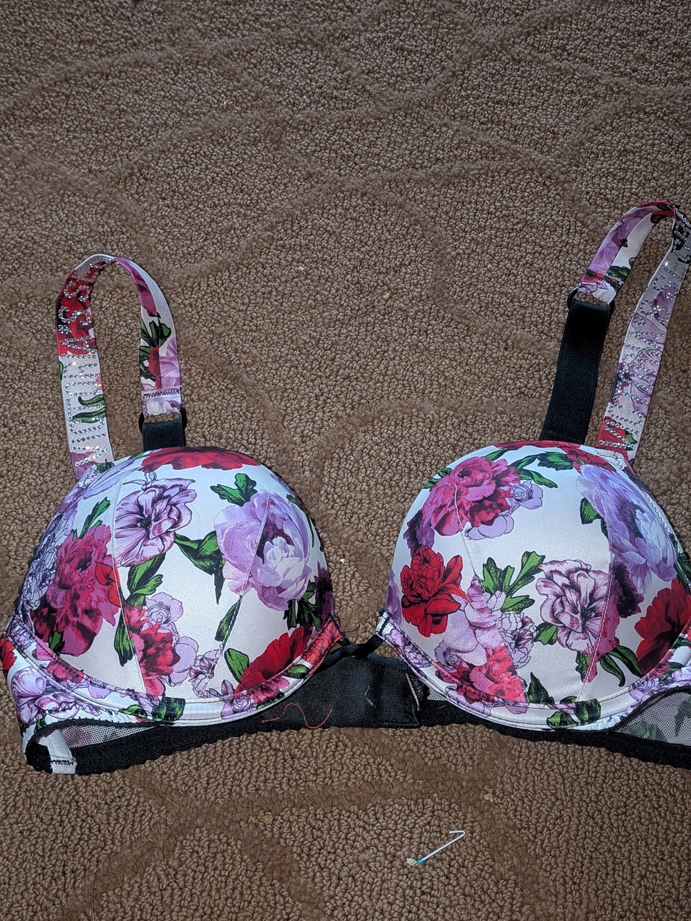 Victoria's Secret Floral PUSH UP  Bra 32B RHINESTONE LOGO STRAPS $88